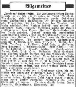 29.07.1930 Gründung Fortuna Gelsenkirchen
