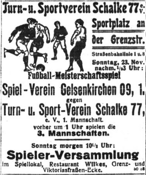 22.11.1919 Spielankündigung Spielverein Gelsenkirchen 09 - TuS Schalke 77